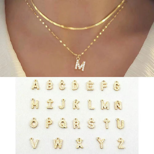 Gold Plated Pave Zirconia Letter Necklace Stainless Steel Herringbone Lip Chain Layered Initial Necklace Sets for Women